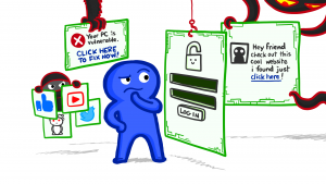 Illustration of someone contemplating a login dialog being dangled off a fishhook by a tentacular monster